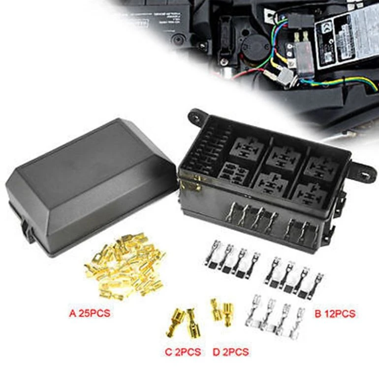 12-slot Relay Box 6 Relays 6 ATC/ATO Fuses Holder Block + Metallic Pins for Automotive Accessories AUTO