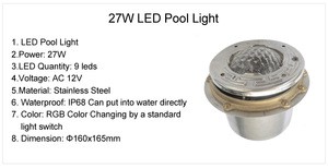 12V 9W 27W RGB Embedded stainless steel Resin filled IP68 swimming LED pool light for Pentair