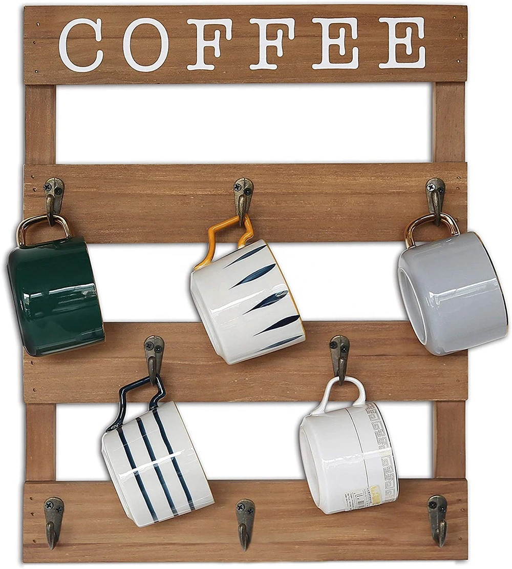 13x17 Brown Kitchen Display Storage and Collection Wall Mounted Rustic Wood Cup Organizer Coffee Mug Holder with 8 Hooks