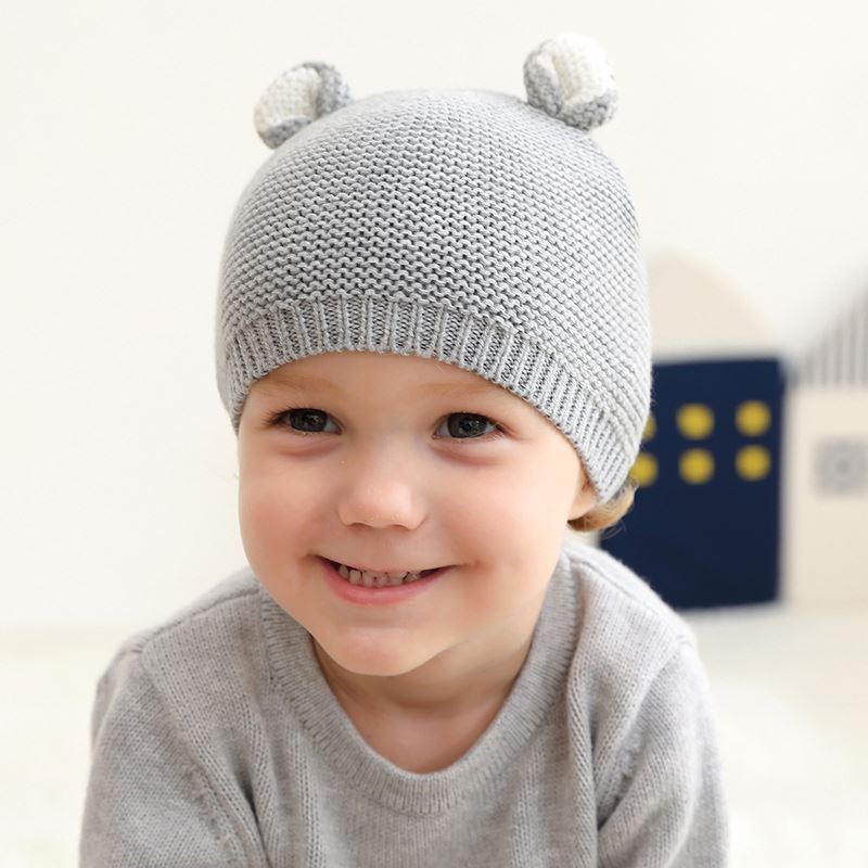 2020 OEM Baby Winter Plain Color Knitted 100% Cotton Cap Hat with Animal Ears