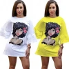 2020 Summer new long casual dress Puff sleeve fashion loose cartoon t shirt  dress with white and yellow women clothing