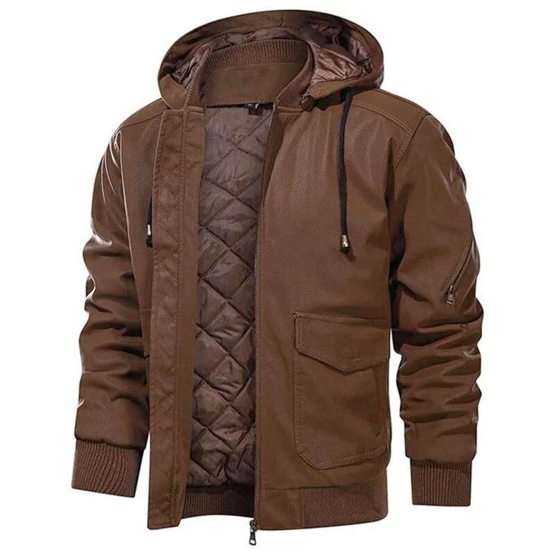 2021 New Men&#x27;s PU Leather Jacket Men Motorcycle Removable Hood winter coat Men Warm Genuine Leather Jackets