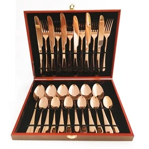 Amazon hot sale wooden box packing Stainless steel tableware set serve for 6 people 24pcs flatware set Rose gold silverware set