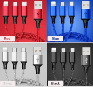 Android Mobile Phone Nylon Multi Charger Light Micro Type C 3 In 1 USB Charging Cable