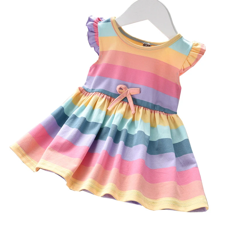 Baby Rainbow Stripe Princess Dress Children Girl Cotton Summer Sweet Angel Wing Skirt Clothes Kids Party Frock Girls Dresses
