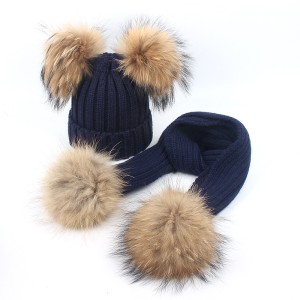 Baby Winter Fur Pompom Hat Real Double Raccoon Fur Pom Poms Beanie Hats   winter knitted scarf set