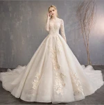 Backlakegirls BW0219 Elegant Lady Puffy Pleating White Deep Boat-Neck Long Sleeve A Line Wedding Dress