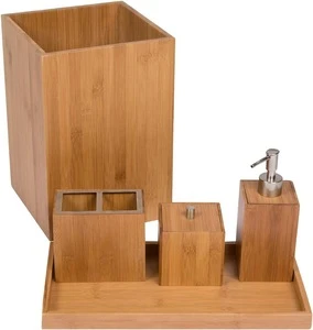 Bamboo Bathroom Accessories Set Wood Bathroom Set Complete with Soap Dispenser, Toothbrush Holder,