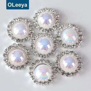 Blinginbox supplier wholesale 15mm plastic orange ab colors half round pearl beads silver rhinestone buttons for clothes