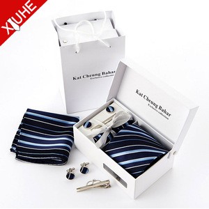 Chinese Supplier Royal Blue Stripes Mens Wedding Suit Tie Cufflink Hanky Set Polyester Necktie Gift Set for Wholesale