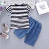 Clothing Manufacturer Summer Design Short Sleeve Stripe Shirt Jean Children Clothing Sets