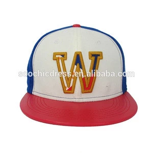 Custom Embroidery Blue Snapback ,Red Leather Brim Snapback Hats
