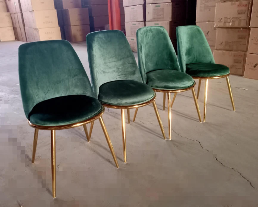 Dark Green Velvet Dining Chair with Gold Chromed Metal Legs