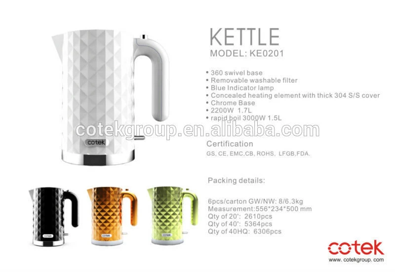 Diamond tea electric kettle with dry boil protection and 2 stage opening system