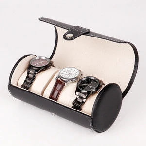 E577 Men 3Grids Cylinder Shape PU Leather Watches Display Case Boxes Storage Travel Jewelry Packaging Boxes Watch Box