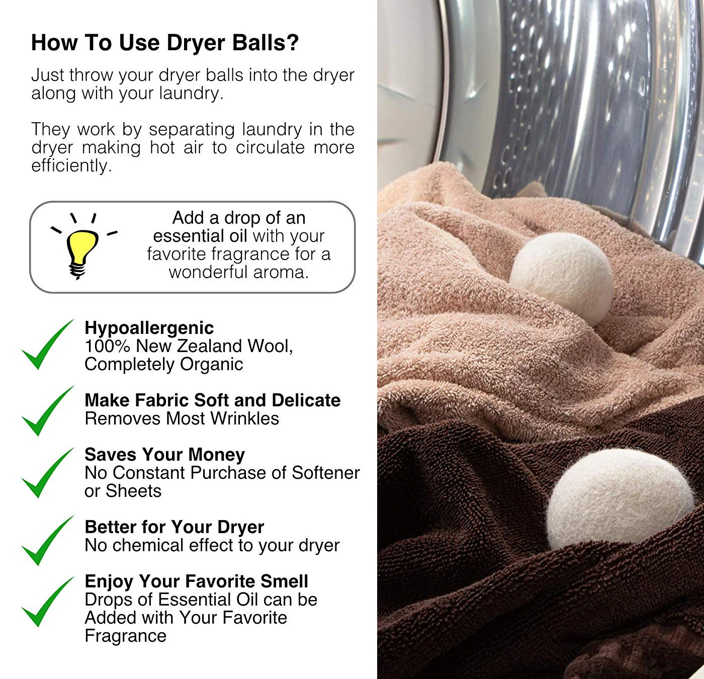 Eco-Friendly Nepal Made Natural Fabric Softener Handmade 100% Organic 3" XL Wool Dryer Balls (6 Pack) Natural and Unscented