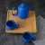 Import European simple style tea pot set porcelain luxury home decor coffee cup matte blue glazed ceramic tea set with bamboo tray from China