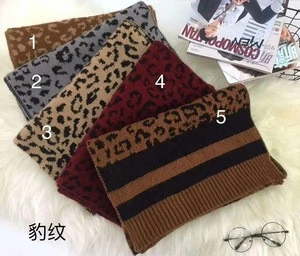 Fashion With Leopard & Stripes Knitted Acrylic Scarves Winter Warms Shawls