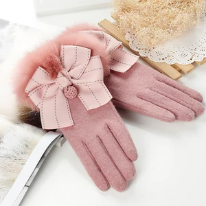 Fashion women cycling fur cuff bow touch screen wool gloves