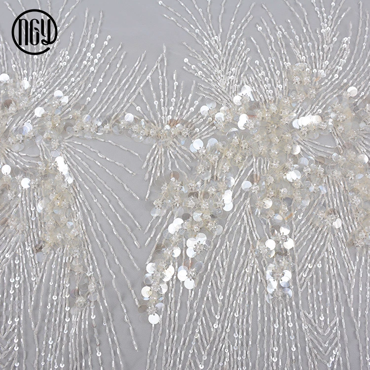 Good selling elegant luxury floral handwork white beaded sequin stretch french lace fabric