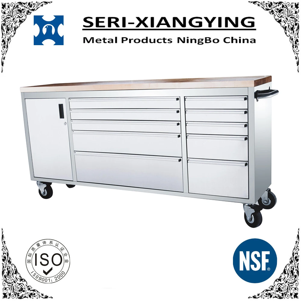 High Quality Garage Mobile Tool Cabinet With Drawers Work bench Movable Tool Chest with Flat Wooden Top