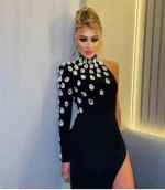 high quality rhinestone design bandage dress single shoulder stylish elegant ladies  summer casual party evening dress