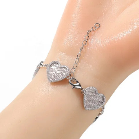 Hip Hop Jewelry Women Iced Out Gold Plated Diamond Heart Wrist Bracelet Adjustable Cubic Zircon Baguette Heart Tennis Bracelet