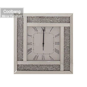 Home Furniture Silver Mirror Square Shape Decorative Crushed Diamond Wall Clock