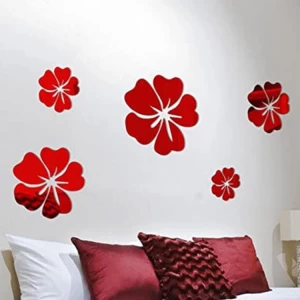 Hot Selling 5 pcs/set DIY Crystal 3D Acrylic Hibiscus Flower Mirror Wall Stickers For Background Wall Home Decoration