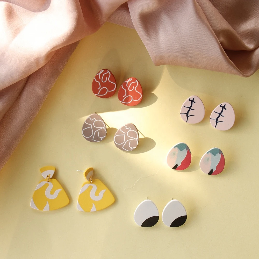 JUHU New Original Clay Oval Print Earrings Vintage Geometric Acrylic Stud Earrings For Women Fashionable 2020 Gift Party Jewelry