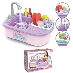 Kids playhouse pretend electric circulation water dishwasher set wash up kitchen sink toy with dish rack for boys girls