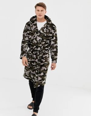 KY men fluffy camo print design Hooded neck Tie closure night dressing gown bath robes
