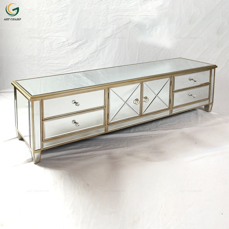 Large Mirrored Silver Television Stand TV Unit Furniture Glass Cabinet with Shelf