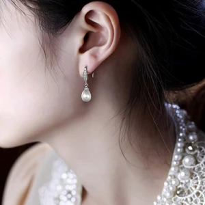 LUOTEEMI Women Elegant Waterdrop Sea Shell Pearl Brass Jewelry Dangle Earrings