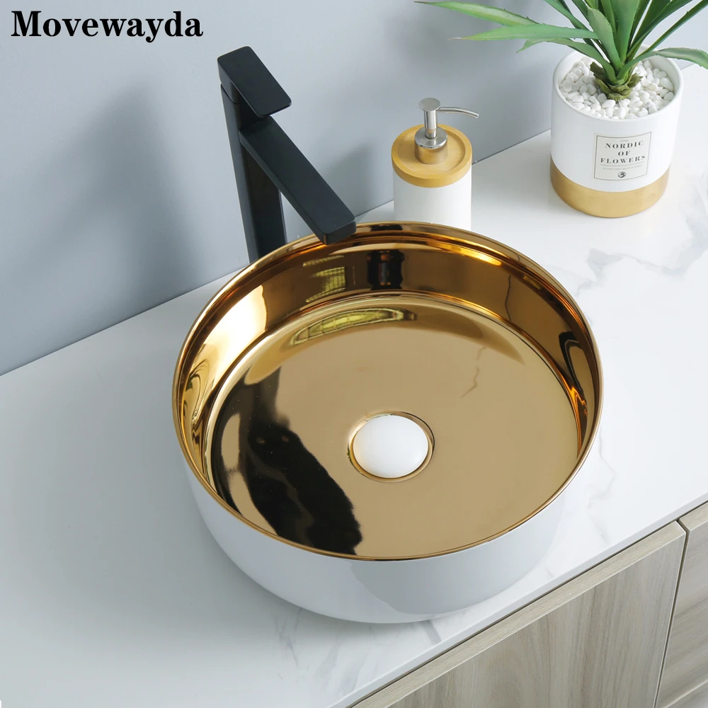 luxurious artistic round shape gold color countertop ceramic body bathroom sinks electroplate process washbasin
