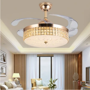 Luxury Crystal Chandelier Remote Control Indoor LED Retractable Fan Ceiling Lights with Fans