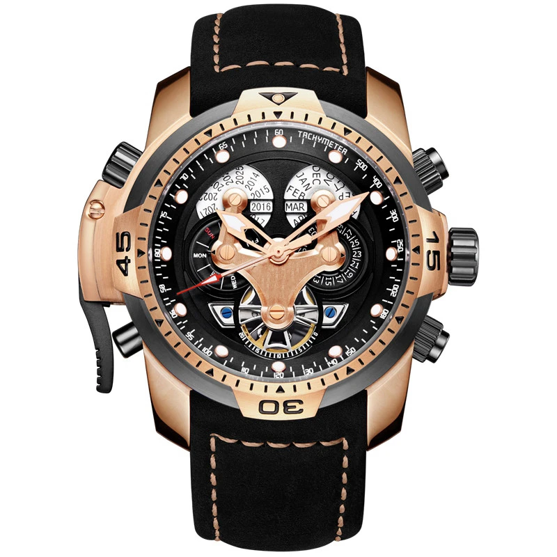 Luxury mens genuine leather perpetual calendar flywheel luminous automatic wristwatch