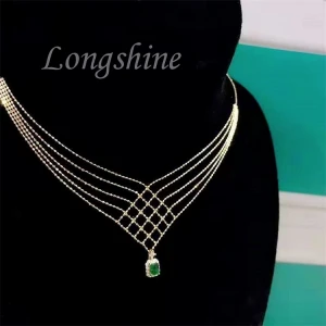 Most popular products Weave Lattice Chain Choker Necklace Natural Emerald and Diamond Pendant 18K Solid Gold