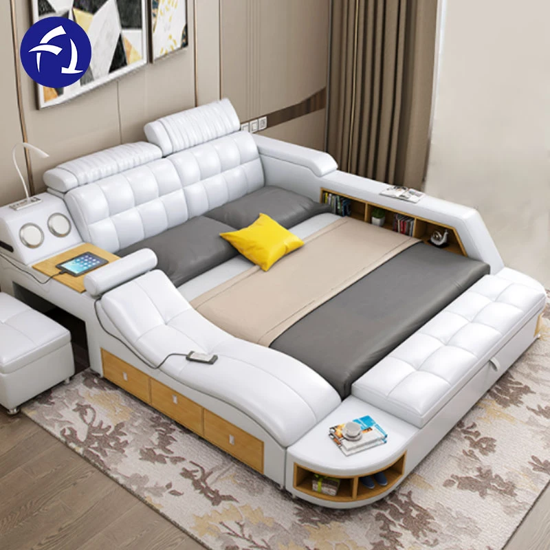 Multifunction Massage Storage Tatami custom color hotel  Bedroom Furniture sets Queen or King Size double Bed Smart leather Bed
