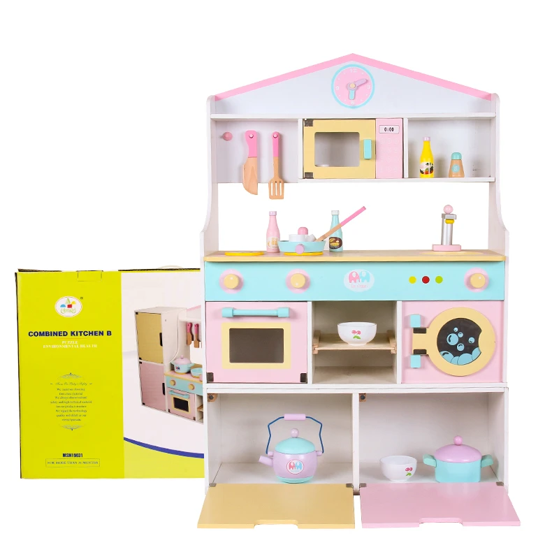 New design wholesale preschool kids pretend wooden toy kitchen for children