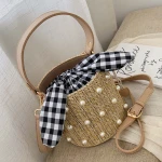 New style bucket girl tote set beach shoulder straw bag with pearl