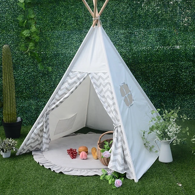 Ninghai Lovetree Foldable Kids Indoor Outdoor wood frame Teepee Tent Wigwam Black and White Striped Tee pee