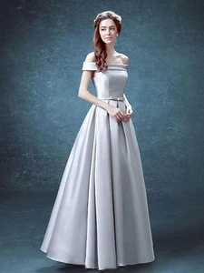 Off Shoulder Long Floor Length Sliver Formal Dresses Prom Dresses A-Line Satin Maxi Dress