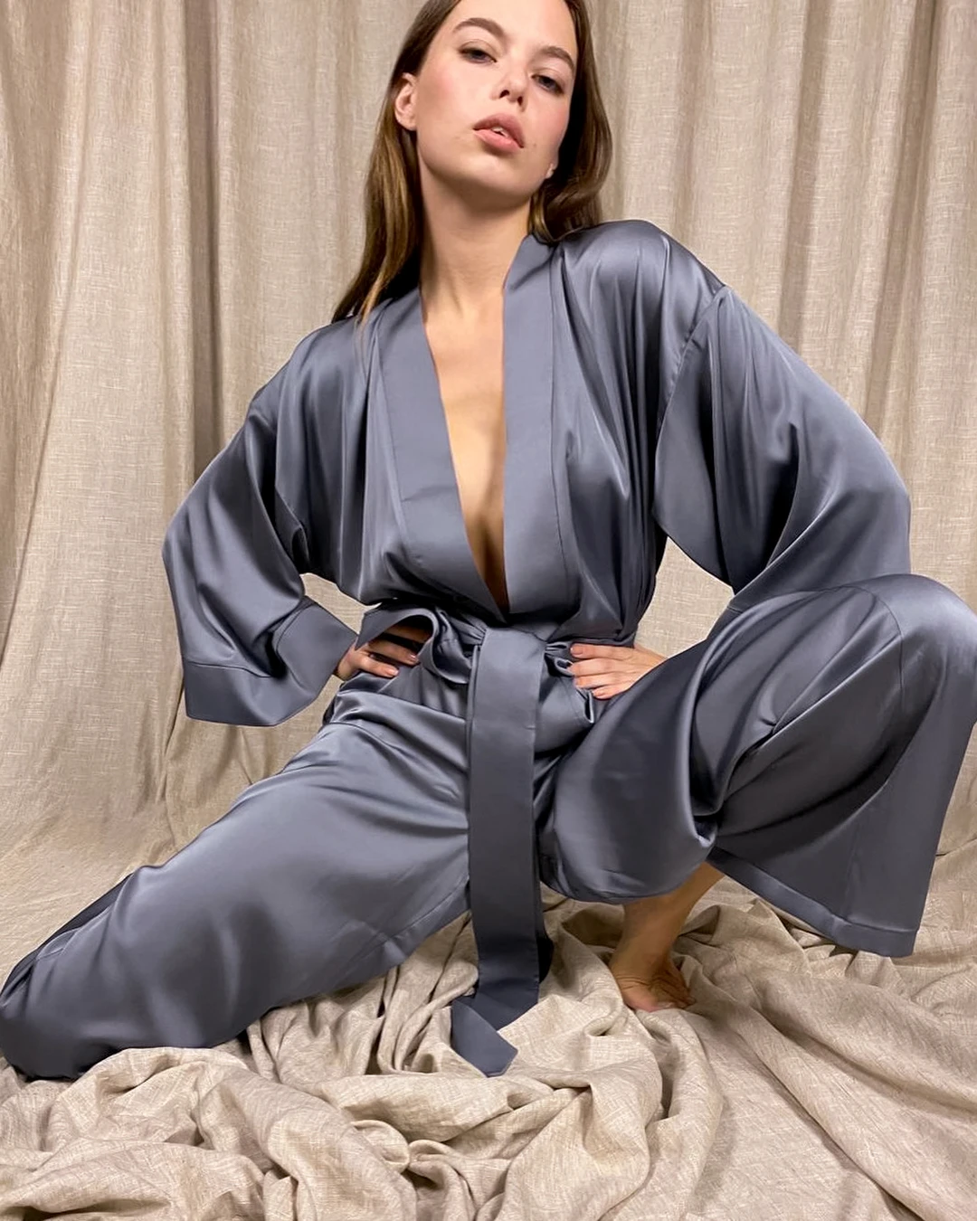 OOTN Three Quarter Sleeve Satin Robe Sets Bathrobe For Home Wear Fashion 2021 Home Suit For Women Sleepwear Loose Flare Pants