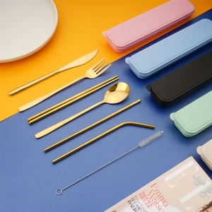 Portable Travel Stainless Steel Cutlery wedding party knife Fork Spoon Straws Flatware 7PCS Set