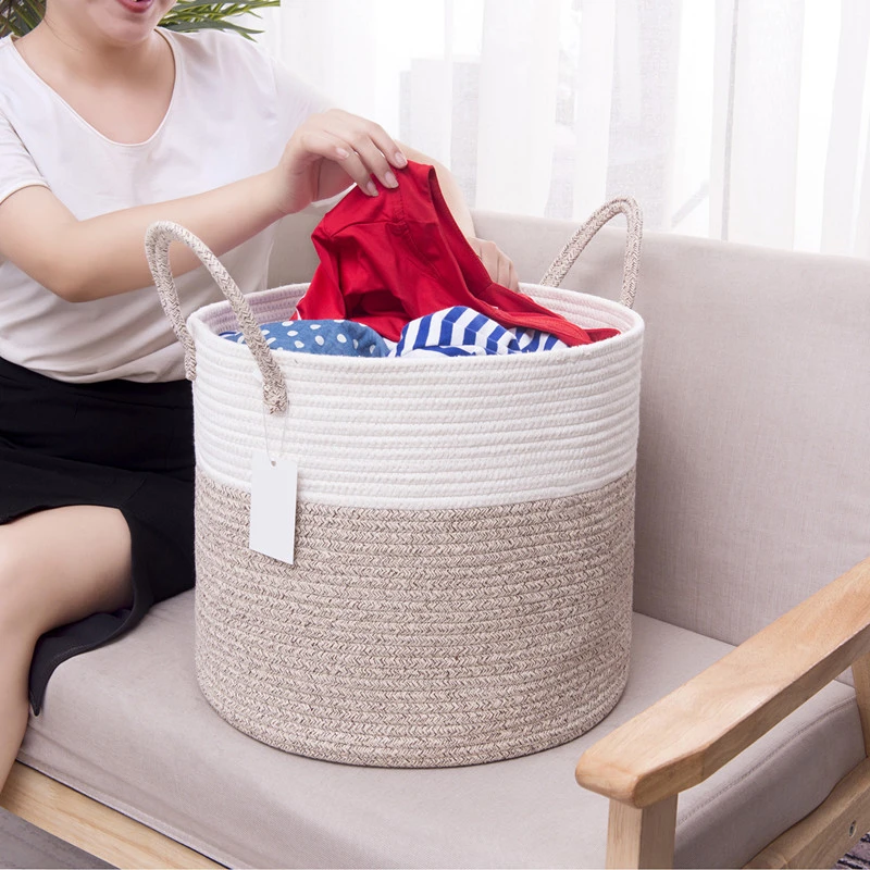 Premium Woven Cotton Rope Basket with Handles Large Basket for Nursery Laundry Towel Diaper Kids Toy Storage