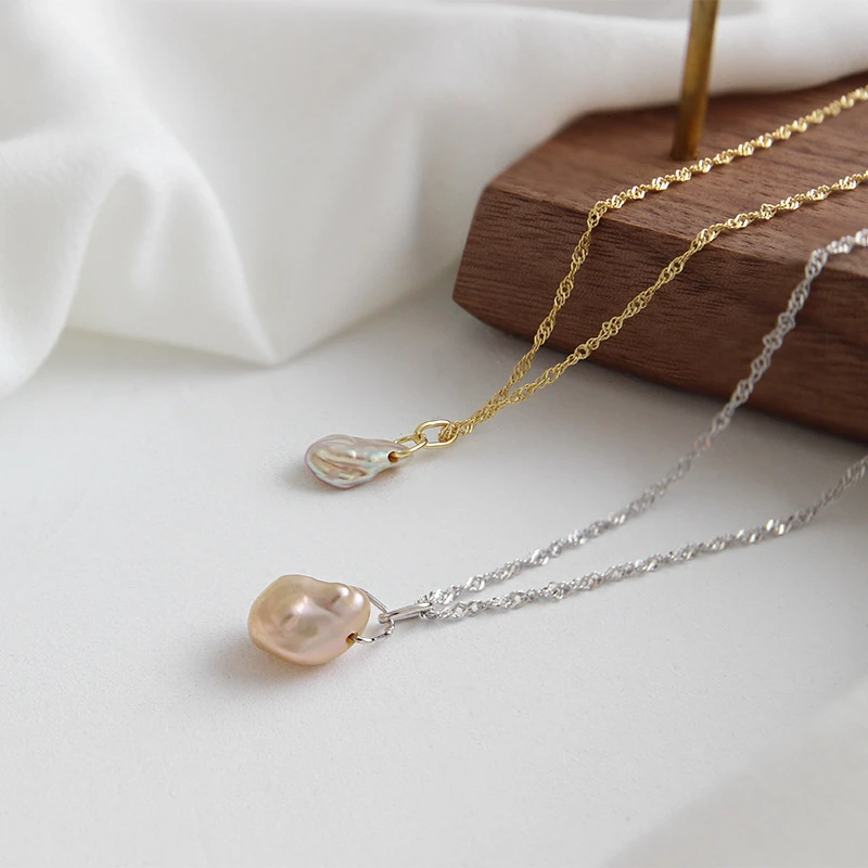 S925 sterling silver necklace baroque freshwater pearl water ripple clavicle female necklace simple chain with pearl