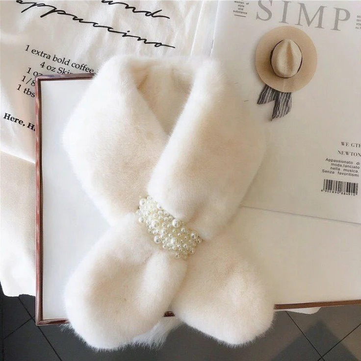 Scarf Women Pearl Decoration Plush Faux Fur Thick Plush Faux Rabbit Fur In Autumn And Winter Scarf