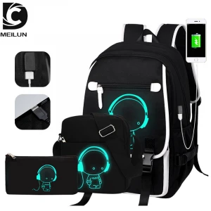 School Bags Luminous Backpacks With Usb 3 Pcs Set Custom Logo Travel Backpack