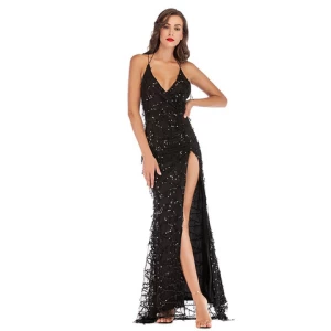 Sexy Night Gown High Slit Spaghetti Strap Sequined Tassel Prom Feast Evening Party Dress